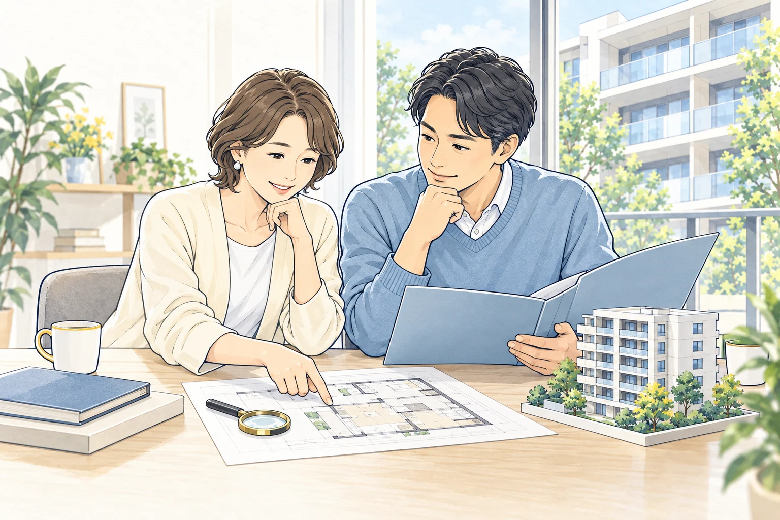 資料と間取り図を一緒に確認し、物件の仕組みを理解するオーナー