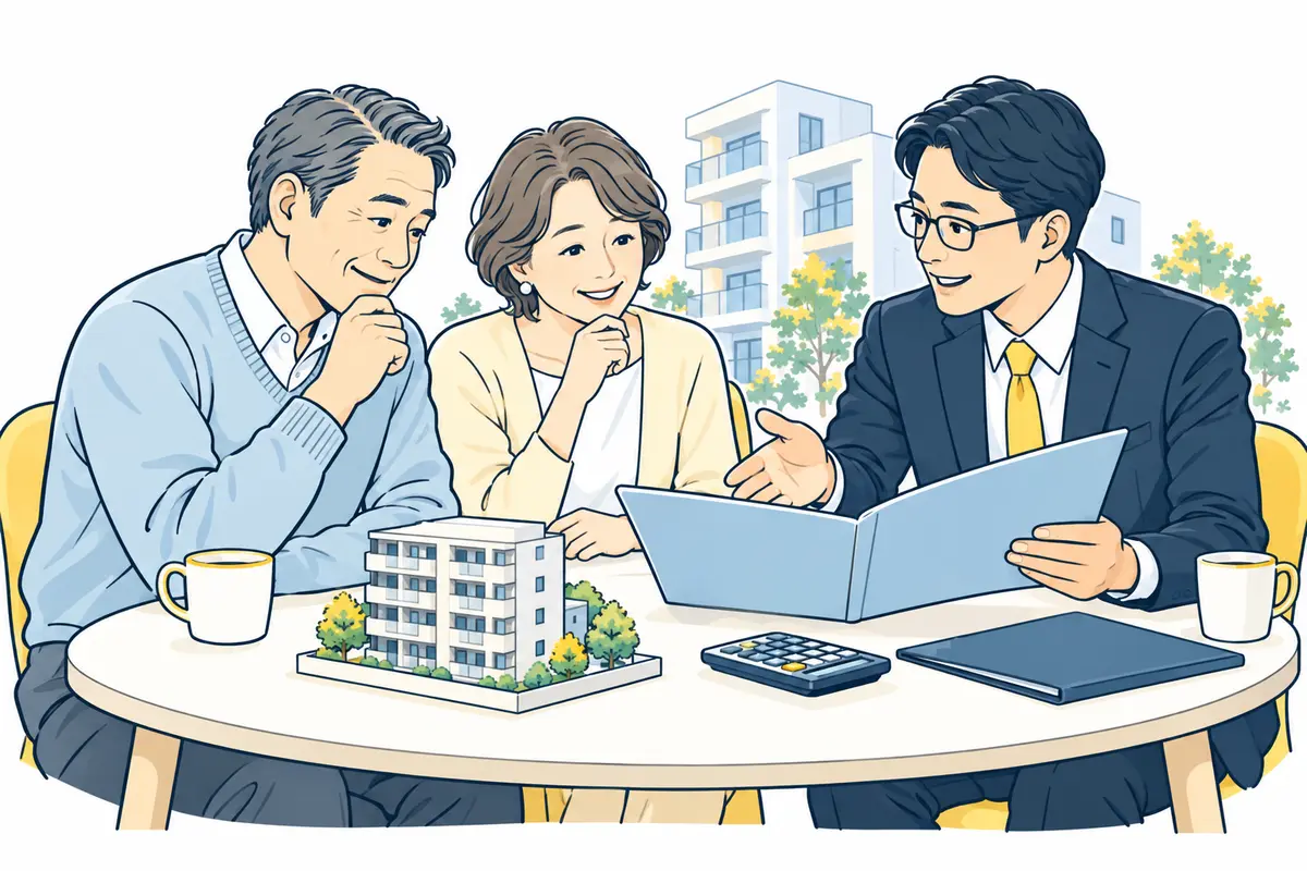 不動産オーナーが建物模型と収支資料を使い、税理士と法人化の費用や受取計画を相談している