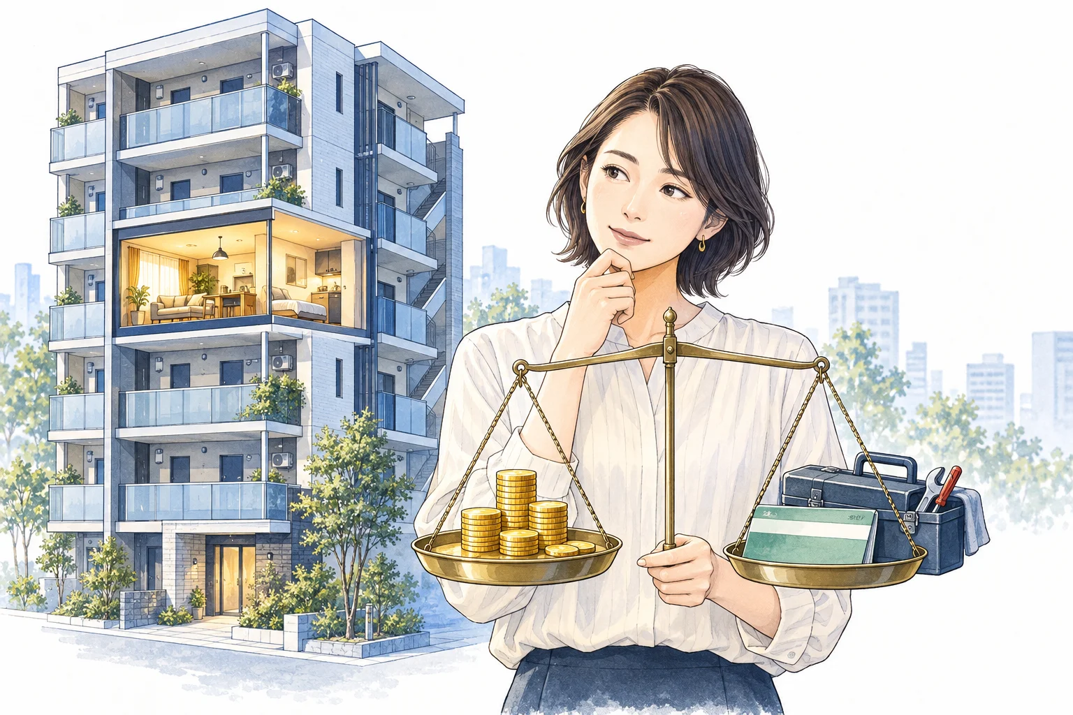 賃貸マンションを背景に、家賃収入の硬貨と修繕費用を天秤で比べるオーナー