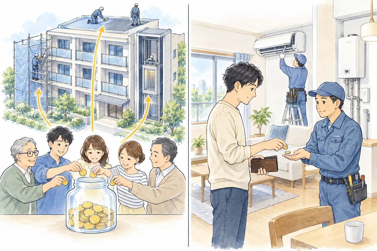 マンションの共用部修繕と一室の設備修理で支払う財布が異なる様子