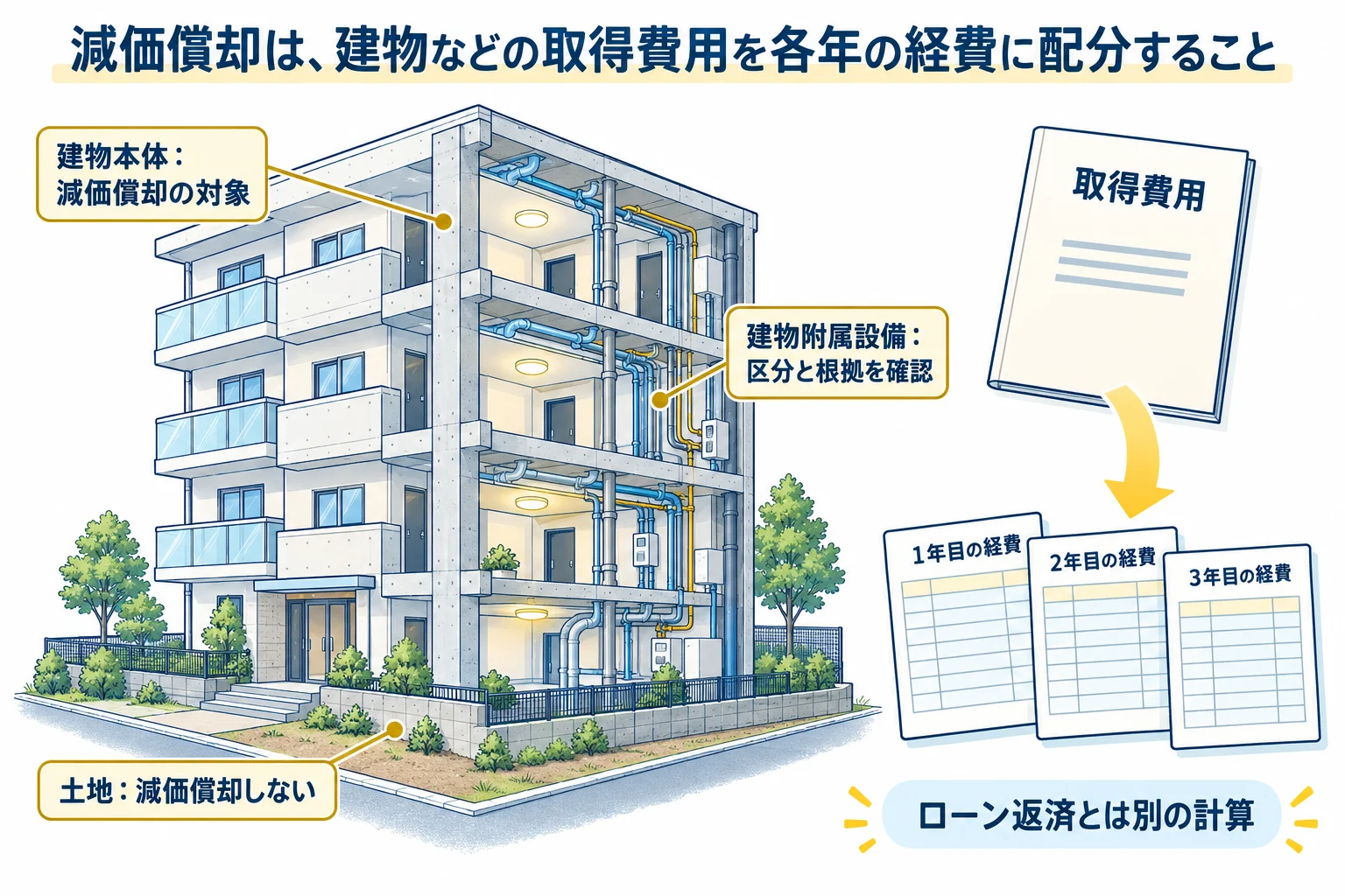 マンションの土地は減価償却せず、建物と設備の取得費を各年の経費に配分する。ローン返済とは別の計算。