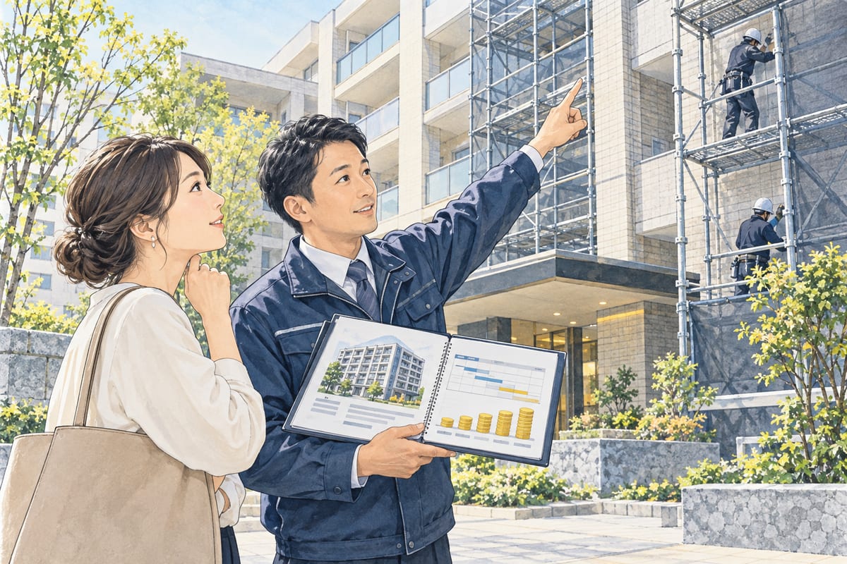 投資用マンションの修繕積立金値上げについて、物件や資料を確認する場面