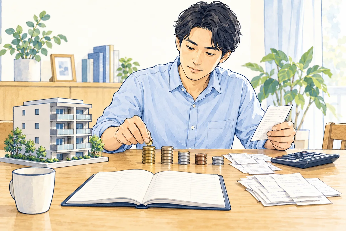 家賃収入から支払う費用を領収書と台帳で確認するオーナーのイラスト