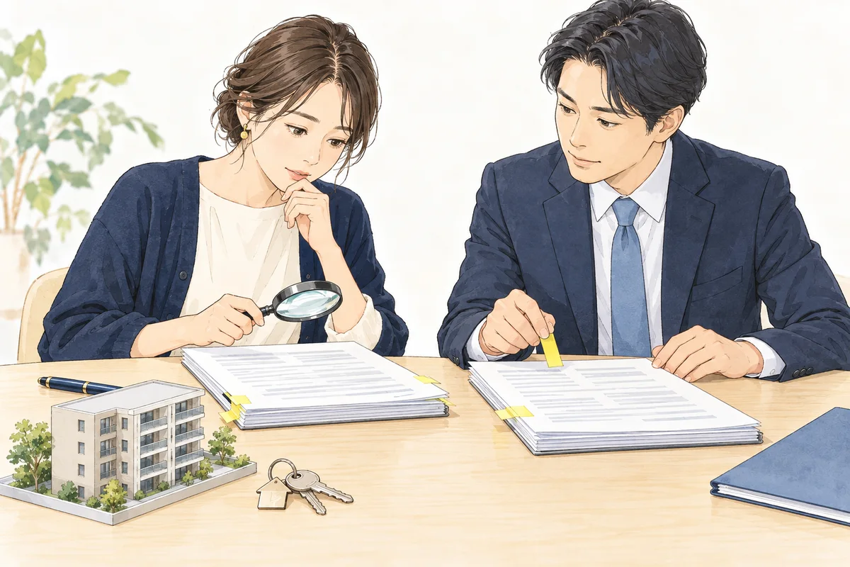 オーナーが担当者と契約書の条件を照合し、付箋で確認箇所を整理するイラスト