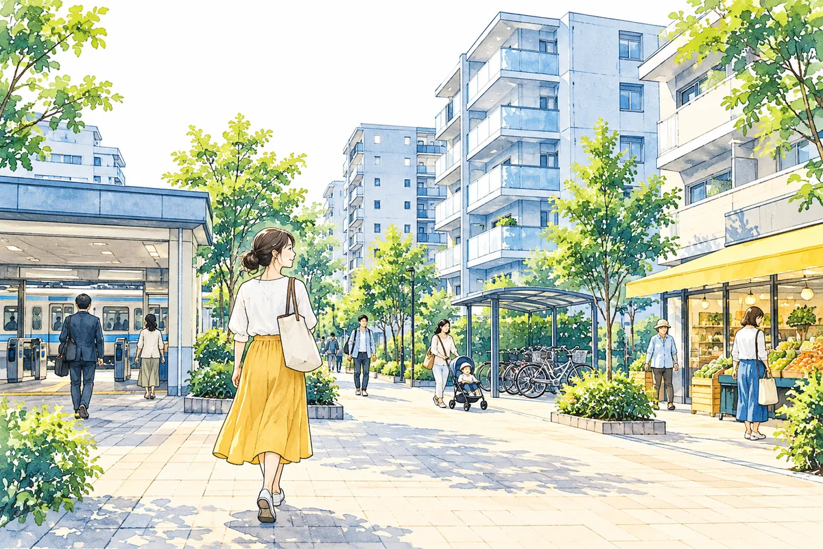 駅と買い物先と住宅を行き来する住民の生活環境イラスト
