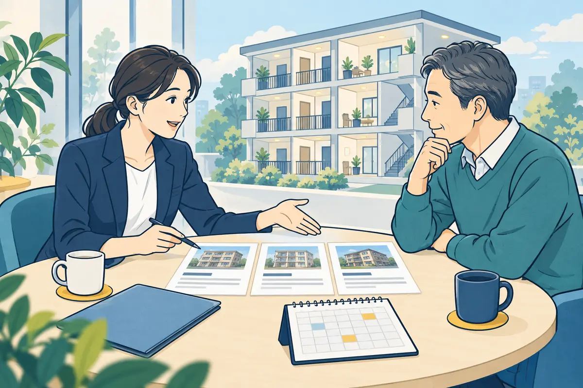 管理会社とオーナーが賃料改定の資料を確認するイラスト