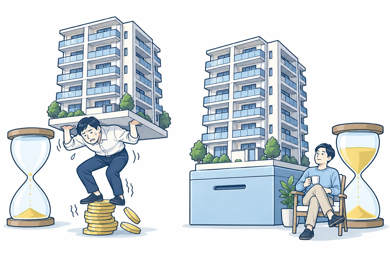 資金が減る土台の上で建物を支える人と、貯蓄の土台に建物を置いて待てる人。砂時計で保有を続けられる時間の違いを表現。