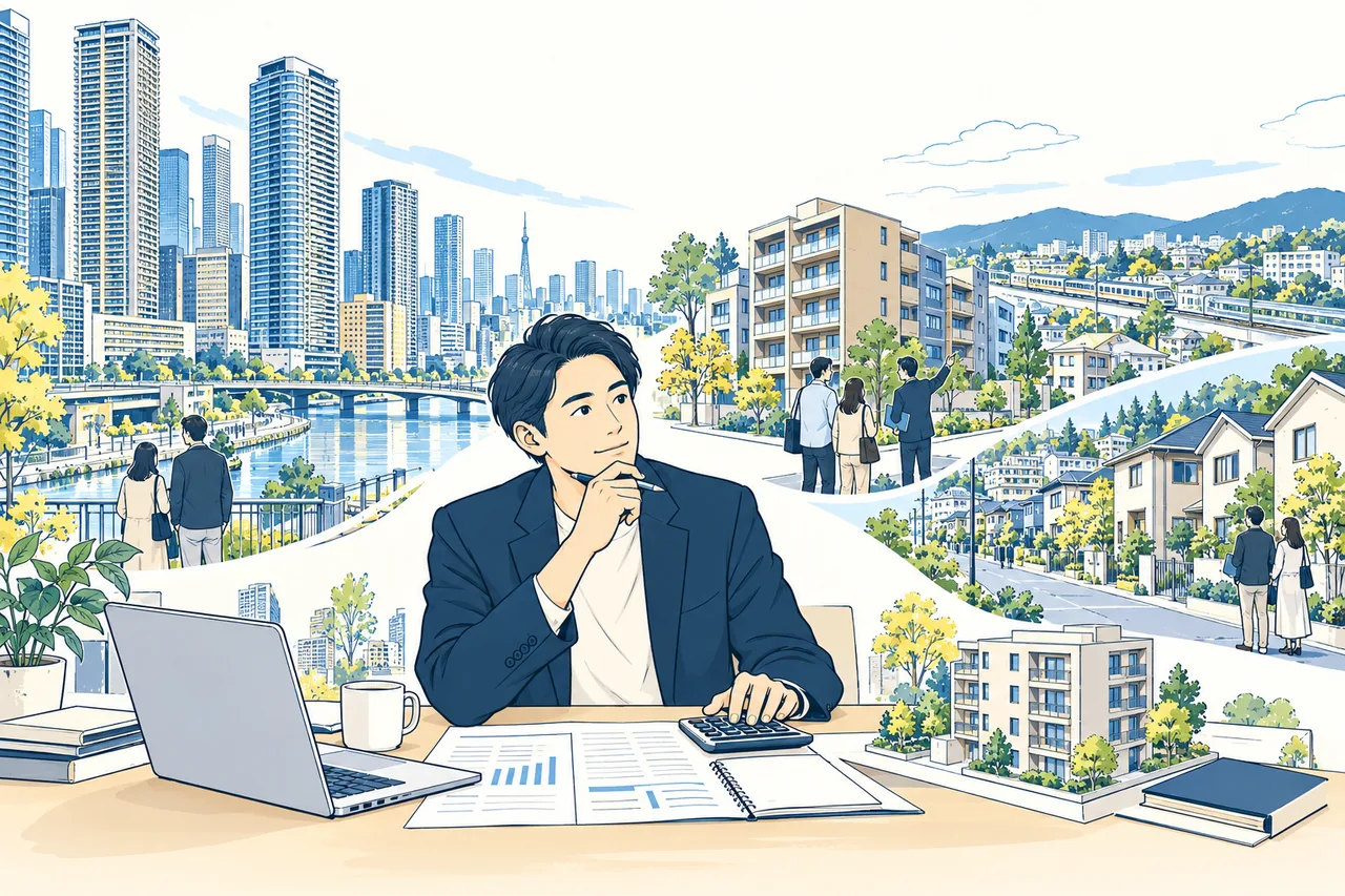 都心の高層マンションと郊外の街並みを背景に、収支を確かめながら保有・売却を考えるオーナーのイラスト