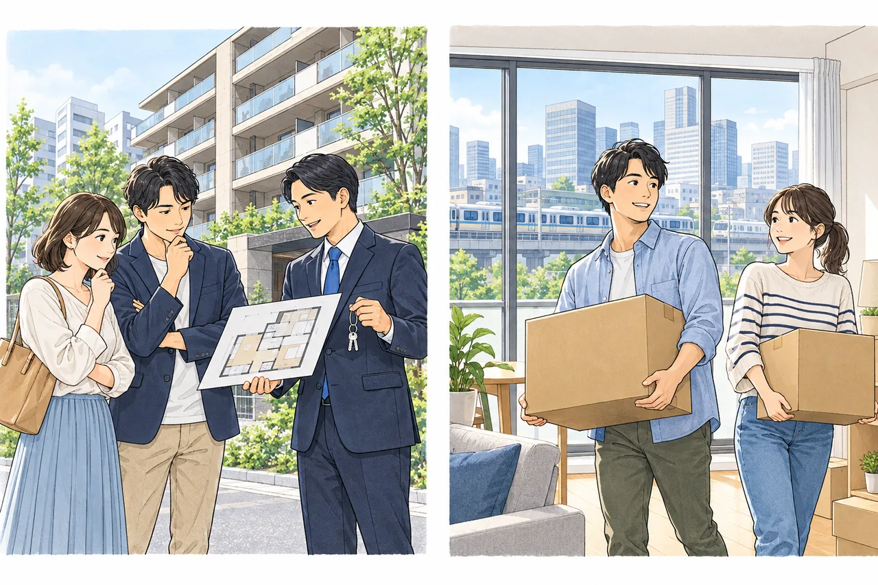 左は購入するマンションを比較する人、右は通勤アクセスの良い賃貸住宅へ入居する人。購入を見送ってもその地域に住む需要は残ることがある。