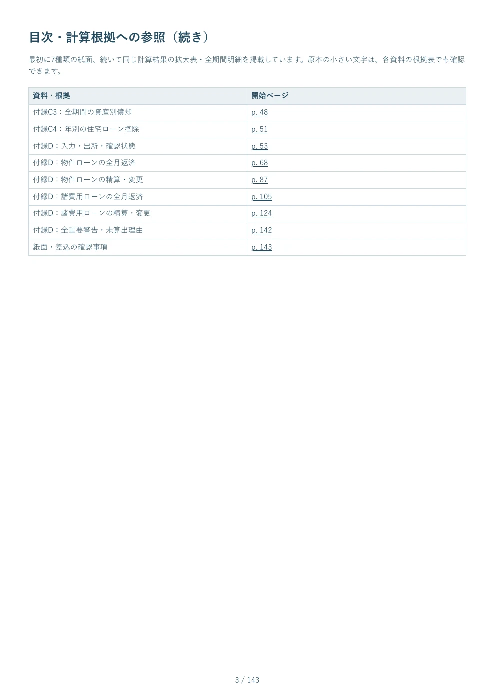 PDF見本 3ページ 目次・計算根拠への参照