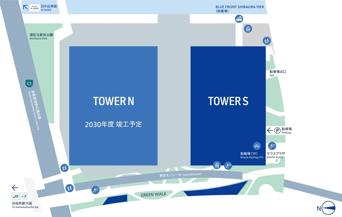 BLUE FRONT SHIBAURAのS棟・N棟と周辺接続を示す公式配置図