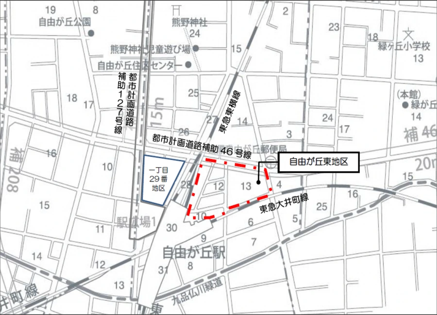 自由が丘駅周辺の公式地図:目黒区「自由が丘東地区」位置図