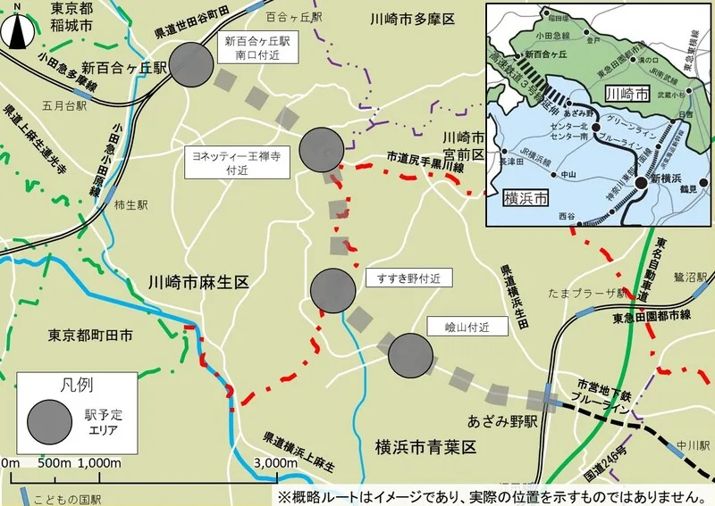 横浜市が公表する高速鉄道3号線延伸の概略位置図
